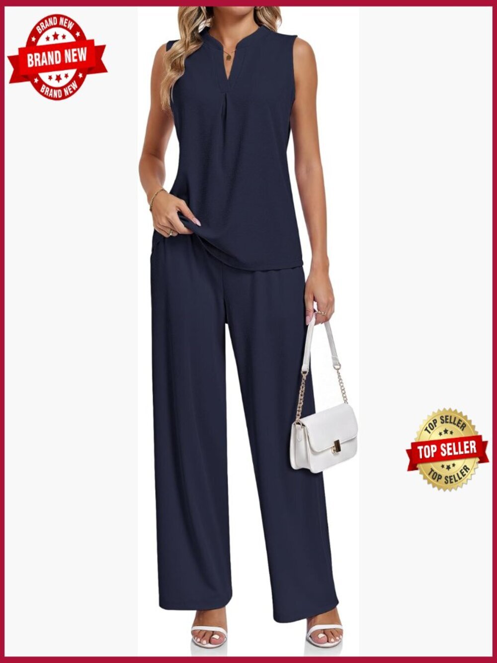 Women's Waffle Knit Two Piece Set Sleeveless V Neck Pleated Pants Set